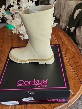 Corkys Cream Mid-Calf Lug Sole Rain Boot
